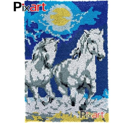 Latch Hook Rug White Horses Crocheting Wall Tapestry Kits DIY Carpet Rug Chunky Yarn Needlework Knitted Floor Mat Hobby & Crafts