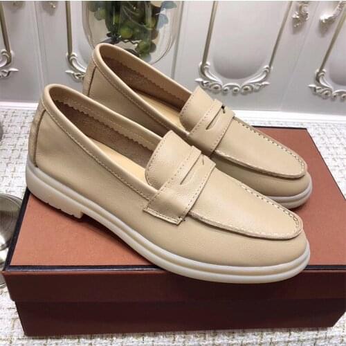Nude Genuine Leather Loafers Women Driving Shoes Round Toe Slip on Leisure Flat Shoes Spring Autumn Comfortable Walk Shoes Women
