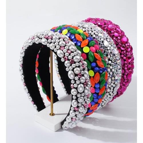 Fashion Full Crystal Rhinestone Headband Colorful Bead Wide Hairband for Women Girls Simulated Pearl Hairbands Hair Accessories