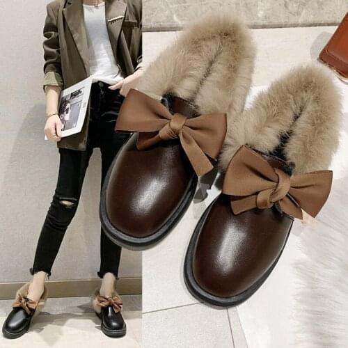 2020 new round head bow rabbit fur comfortable flat shoes wild plus velvet casual small shoes