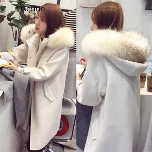Faux Fur Collar Coat Womens Hooded Woolen Jacket X-Long Thicker Warm Women Outwear Solid Color Overcoat 2020 High Quality
