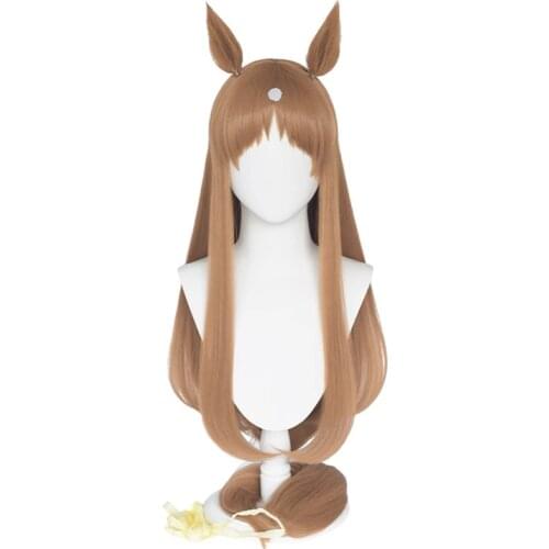 Uma Musume Grass Wonder Cosplay Wig Uma Musume Pretty Derby Brown Long Straight Wig with Bangs Ears Synthetic Hair