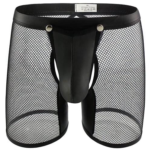 Sexy Mesh Lingerie Men Underwear Boxers Shorts PU Leather Open Penis Pouch Transparent Long Leg Open Butt Boxer Fetish Clubwear