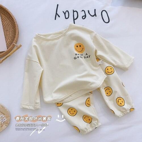 2021 Childrens Pajamas Set Baby Suit Toddler Boys and Girls Smile Face Print Tops Pants Set Home Wear Kids Casual Clothes