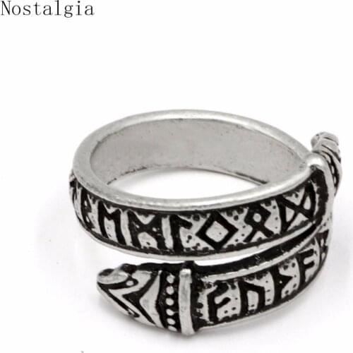 Nostalgia Viking Dragon Heads Elder Futhark Rune Ring Men Women Adjustable Runes Anillos Mujer