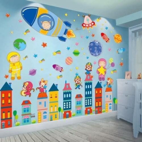 [SHIJUEHEZI] Astronauts Planets Rockets Wall Stickers DIY Cartoon Castles Wall Decals for Kids Rooms Baby Bedroom Decoration