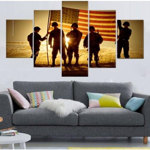 Silhouette Soldiers American Flag Canvas Printing Poster Wall Art Modern 5 Pieces Pictures For Living Room Home Decor