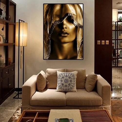 Modern Golden Noble Veil Lady Canvas Paintings Nordic Wall Posters and Print Wall Pictures for Living Room Home Decration