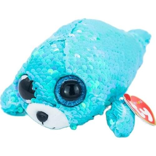 Ty Beanie Big Eyes Reversible Sequin Sky Blue Sea Lion Glittering Stuffed Collectible Doll Toy Child Birthday Christmas Gift