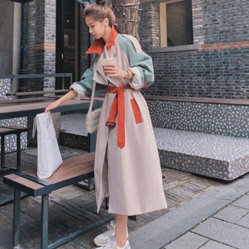 Contrast Stitching Windbreaker Womens Middle Long 2021 Spring Autumn Clothing Korean Version Loose Belt Trench Coat For Women