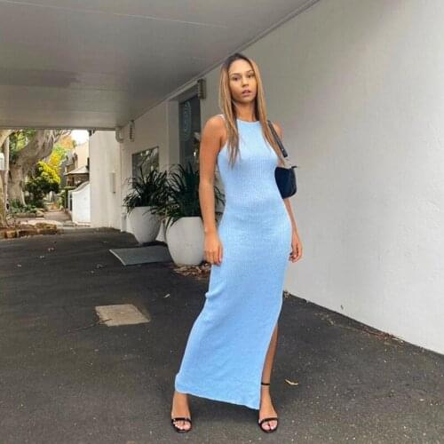 Yhotmeng Women Long knitting Dress 2020 Spring Sexy Slim Bodycon Dresses Elastic Skinny Split Dress Brief Halter Black sloth