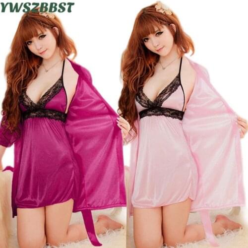 Ladies Sexy Bathrobe Harness Sexy Lingerie Nightwear Imitation Ice Silk Women Sleep Dress with Long Sleeves Shawl