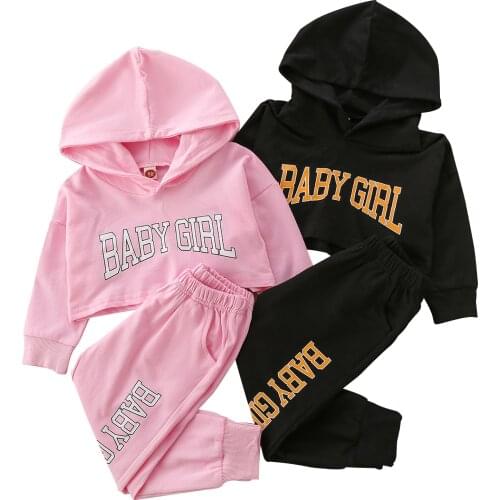 New Toddler Girls 2Pcs Fall Outfits, Long Sleeve Letter Print Cropped Hoodie and Pants Set
