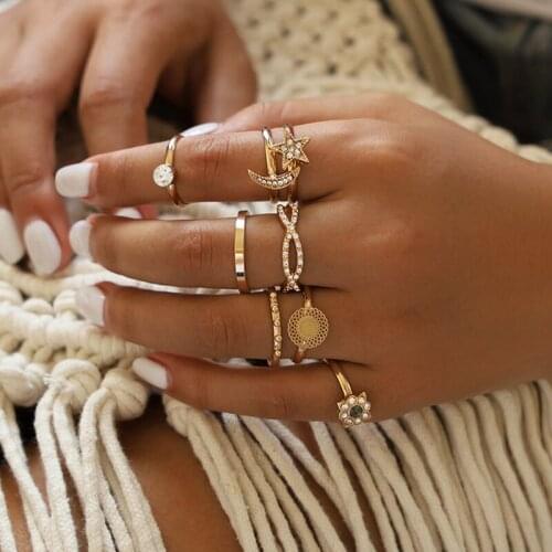 8 Pcs/Set Bohemian Joint Ring Moon Crystal Geometry Stars Flowers Gold Ring Set Ladies Charm Party Wedding Jewelry Accessories