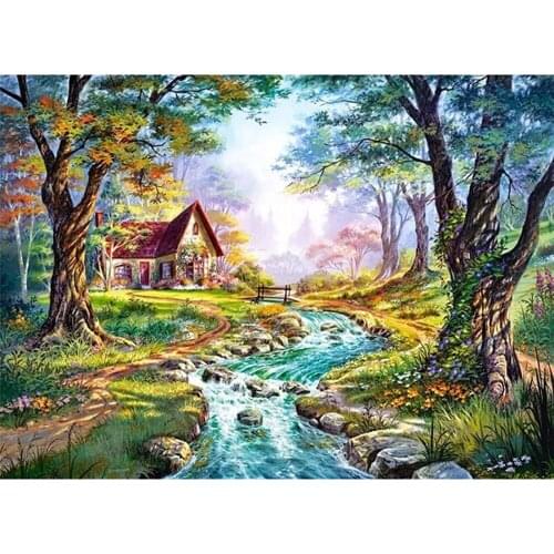 5D DIY Full Square/Round Diamond Painting Snow mountain river waterfall hut scenery full square round drill diamond embroidery