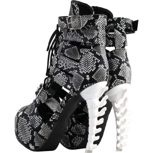 LF80699 SHOW STORY Punk Snake Skin Print Lace-Up Gladiator Hidden Platform Bone Heels Ankle Bootie