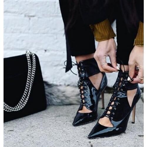 Fashion Black Patent Leather Women Lace Up Boots Sexy Point Toe Cutout Style Ladies High Heel Ankle Boots Female Dress Shoes