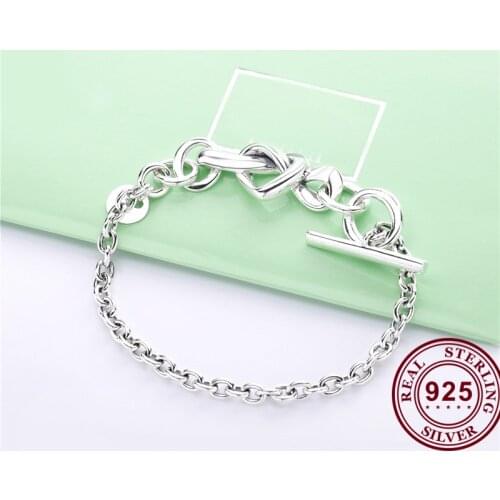DoDoFly 925 Sterling Silver Bracelet Knotted Heart Heart-embellished T-clasp Link Bangle Fit Women Bead Charm Bracelets Jewelry