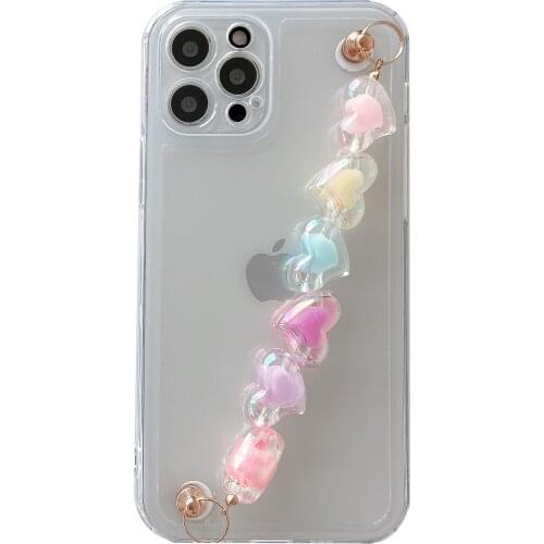 Colorful Crystal Heart Wrist Chain Case for iPhone 12 Pro Max Back Phone Cover for 12 11 Pro Max X XS XR 8 7 Plus SE 2020