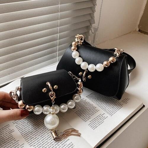 Elegant Pearl Chain Small Crossbody Bag Fashion PU Leather Sling Handbag Purse Popular Simple Female Shoulder Pack Bolsos