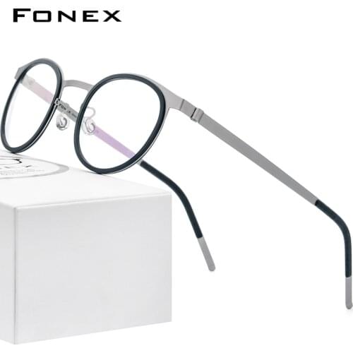 FONEX Acetate Titanium Alloy Eyeglasses Frame Men Women Round Prescription Myopia Optical Glasses Korean Screwless Eyewear 98625