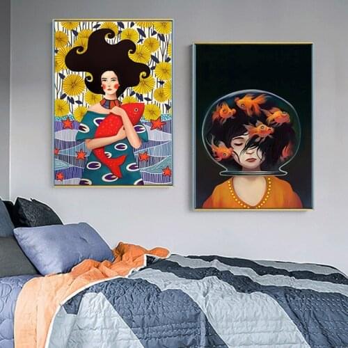 Nordic Style Cartoon Girl and Fish Canvas Prints Paintings on Wall Art Pictures for Girls Bedroom Decor Scandinavian Cuadros