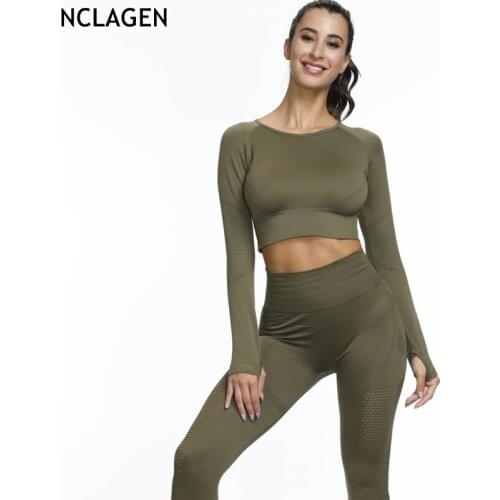 Yoga Suits 2 Piece Seamless Long Sleeve Gym Leggings And Top Fitness Women Sport Sets Running Sportswear Workout Suit NCLAGEN