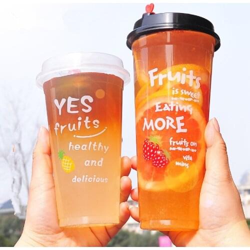 50pcs 500ml creative fruit tea cup party birthday favor hot and cold drink beverage cups orange juice packaging cups with lid