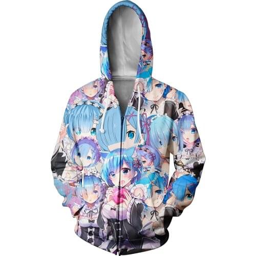 Kawaii Zero Rem Zipper Hoodies Cool Anime Unisex Hooded Sweatshirt Harajuku Girl Pullovers Winter Kimono Maid Hip Hop Streetwear
