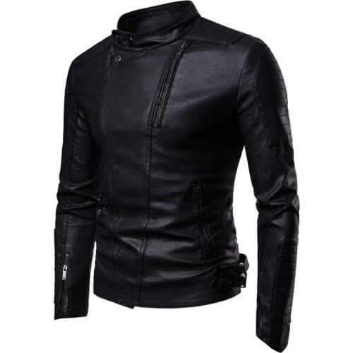 2021 Autumn Winter Fashion Casual Men Solid Color Stand-up Collar Zipper Slim Motorcycle Fleece Long Sleeve Leather Jacket