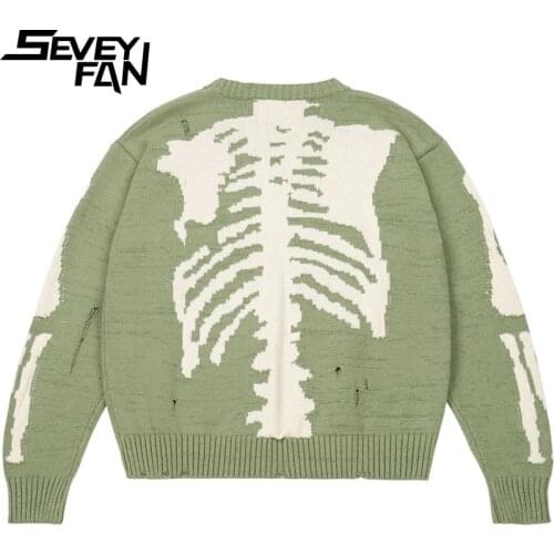 SEVEYFAN Mens Hip Hop Sweaters Skull Skeleton Hole O Neck Kintwear Streetwear Loose Pullover Sweater for Couples
