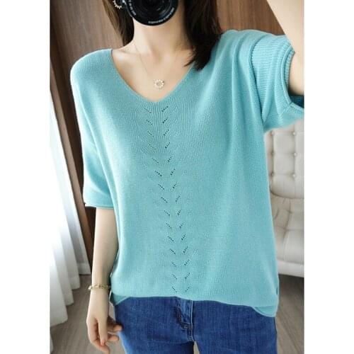 2021 new ladies pure cotton T-shirt V-neck casual knitted sweater short-sleeved plus size womens tops solid color tops tees