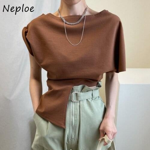 Kuzuwata Solid Color Short-sleeved T-shirt Summer Temperament Round Neck T Shirt Irregular Waist Woman Tshirts Korean Tops