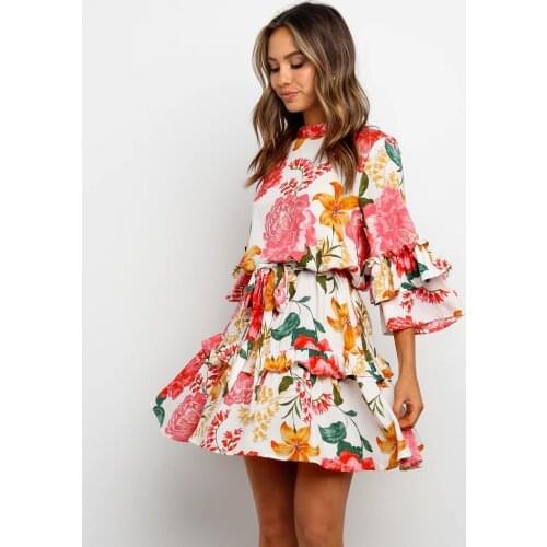 Peony Print Floral Dress Loose Cascading Ruffles Elegant Party Mini A Line Dresses Flare Sleeve Casual Waist Lace up Vestidos