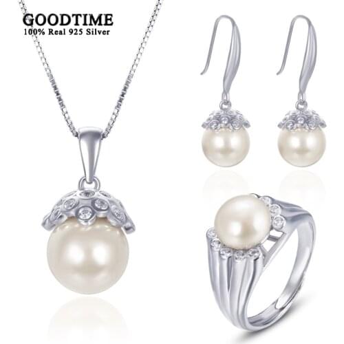 Luxury Pure 925 Sterling Silver Jewelry Set Freshwater Pearl Zircon Necklace Earrings Ring Fashion Set Gift For Woman Girl