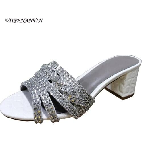 Bling Bling Crystal Slippers Women Square Toe Chunky High Heel Sandals Candy Colors Summer Party Dress Shoes Sandalias 2021