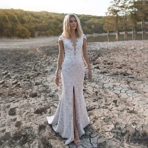 Sexy Deep V-neck Exqusite France Lace Front Slit Bohemian Wedding Dress Champagne Cap Sleeves Lace Mermaid Bridal Dress