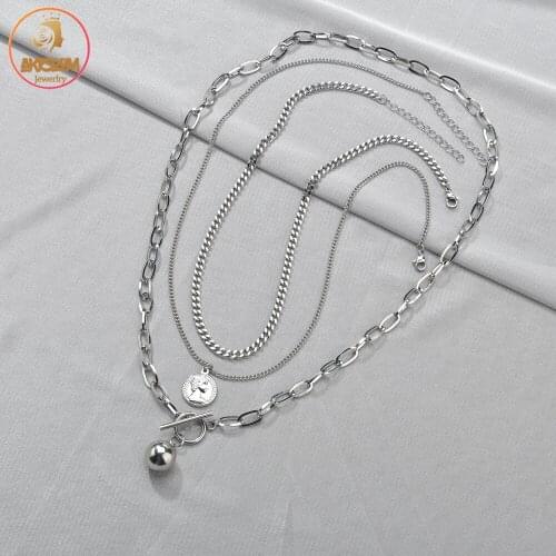 Akizoom Vintage Multi Layer Elizabeth Coin Trendy Stainless Steel Chain Necklace For Woman Choker Pendant Fashion Party Gift