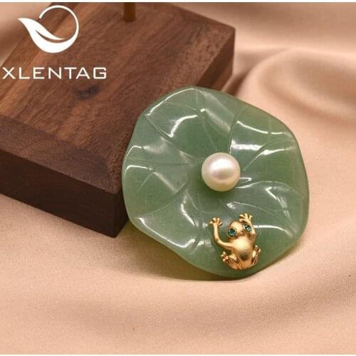 XlentAg Natural Fresh Water Pearl Aventurine Lotus Leaf Frog Brooches For Women Pendant Dual Use Luxury Fine Jewelry GO0051