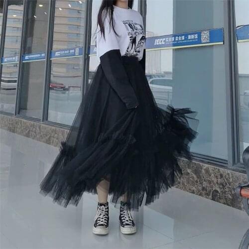 High Waist Pleated Long Skirt Female Ankle-Length Skirt Vintage Adult Tulle Skirts Womens 2020 Black Elastic Puffy Tulle Skirts