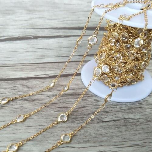 Handcrafted Gold color jewelry Finding,clear Cubic Zirconia crystal Beaded Chains,DIY necklace hand chain jewelry making LZ58