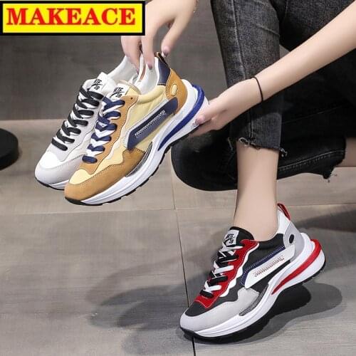 Womens Sports Shoes Autumn New Revised Leather Patchwork Color Outdoor Recreational Womens Shoes Soft Sole Laceup Running Shoe