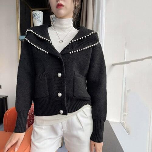 Japan Style Oversized Cardigan Women 2021 Autumn Pearls Sailor Collar Pluse Size Cardigan Cute Black Sweater Cardigan Knitwear