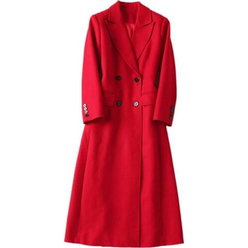 Free Shipping 2021 Autumn Winter Women Red Overcoat Elegant Ladies Double Breasted Wool Blends Long Jackets And Coats