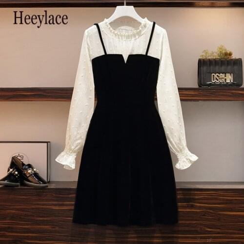 Plus size women autumn winter fake two piece velvet mini dress women long sleeve patchwork french vintage A-line black dresses