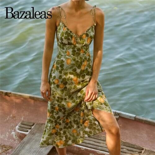Bazaleas Chic Lemon Floral Print Dress Retro Dresses Sexy Vestidos Vintage Tube Top Women Midi Dress