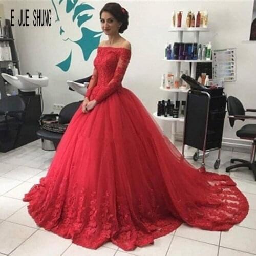 E JUE SHUNG Red Long Sleeves Wedding Dresses Off Shoulder Lace Up Back with Appliques Ball Gown Bridal Dresses Vestido De Noiva