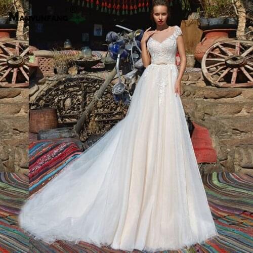 Custom Made Cap Sleeve Embroidery Appliques Tulle Chapel Train Wedding Dress for Women High-End Backless O-Neck Bridal Ball Gown