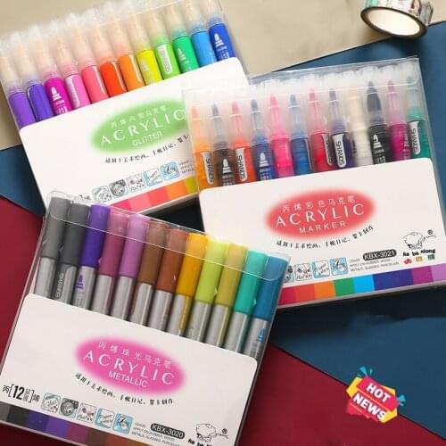 12pcs/set Acrylic Metallic Color Drawing Marker Pen Washable Glitter Bling Painting for Metal Glass Journal Lettering Art F6117