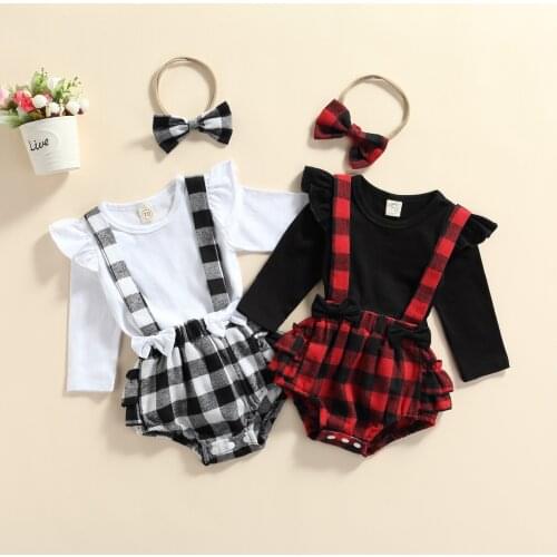 2021-06-11 Lioraitiin 0-18M Infant Baby Girl 2Pcs Clothing Long Sleeve Romper Suspenders Shorts Bow Headband Plaid Print Ruffle